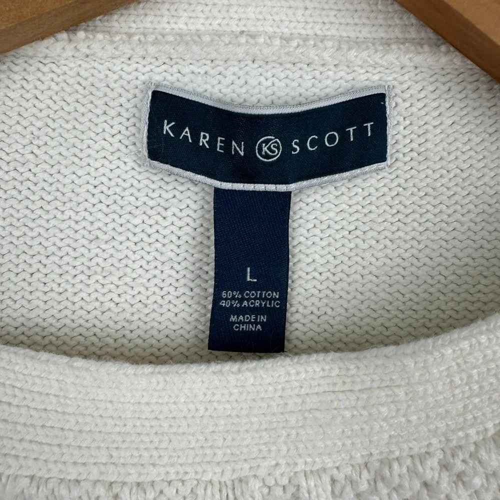Karen Scott Sweater Womens L White Cable Knit Button Shoulder Long Sleeve